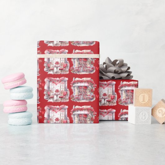 赤バレンタインデーカフェロマンチック ラッピングペーパー (ベビーシャワー)