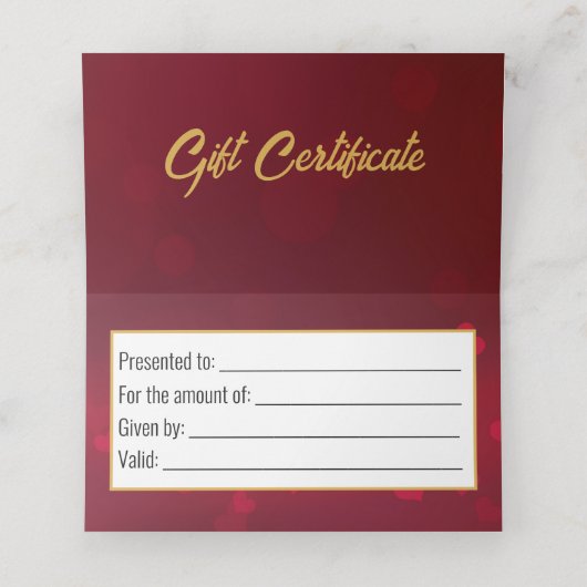 赤バレンタインデー金ゴールドハートリボンギフトカード プレイスカード (内部開封)