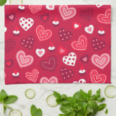 赤バレンタインハートパターン キッチンタオル (折り畳み)