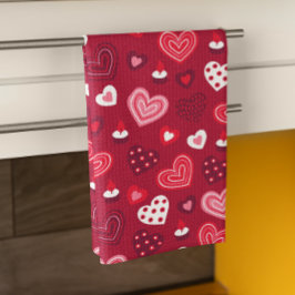 赤バレンタインハートパターン キッチンタオル