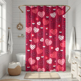 赤バレンタインハートパターン シャワーカーテン