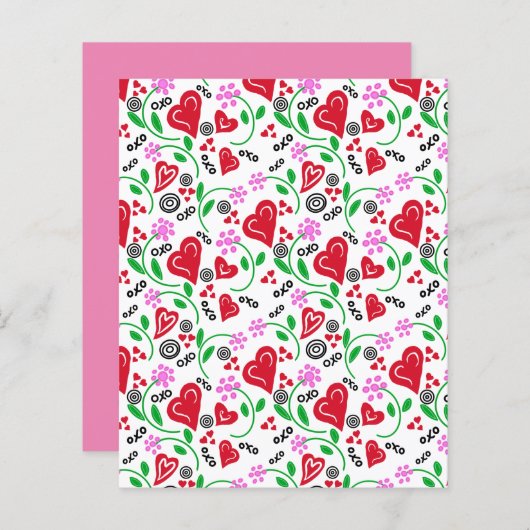 赤バレンタインハートピンクの花スクラップブック紙 (正面/裏面)