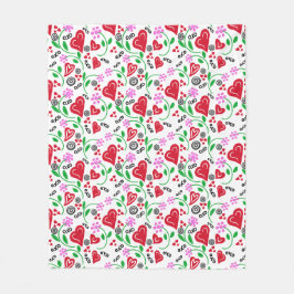 赤バレンタインハートピンクの花 フリースブランケット