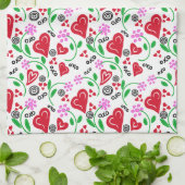 赤バレンタインハートピンクフラワーズキッチンタオル キッチンタオル (折り畳み)