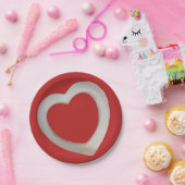 赤バレンタイン(中央に白い3Dハート) ペーパープレート (パーティー)