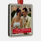 赤バンドのカップル初めてのクリスマスの正方形の写真 メタルオーナメント (右)