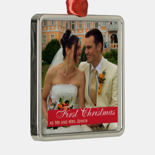 赤バンドのカップル初めてのクリスマスの正方形の写真 メタルオーナメント (右)