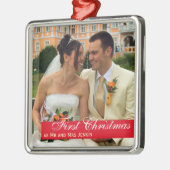 赤バンドのカップル初めてのクリスマスの正方形の写真 メタルオーナメント (左)
