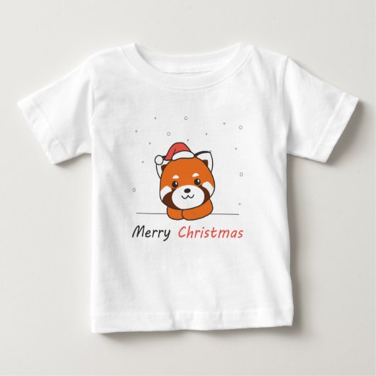 赤パンダのクリスマス雪の冬の動物パンダ ベビーTシャツ (正面)