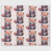 赤パンダハート水彩名追加かわいい ラッピングペーパー (フラット)