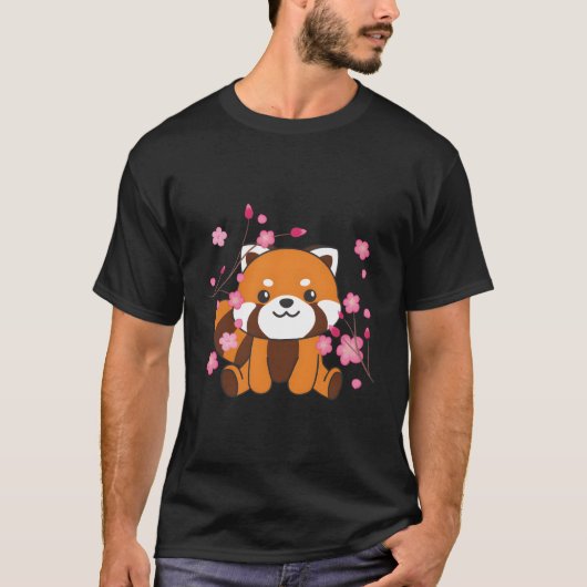 赤パンダ甘い動物かわいいさくらんぼの花 Tシャツ (正面)