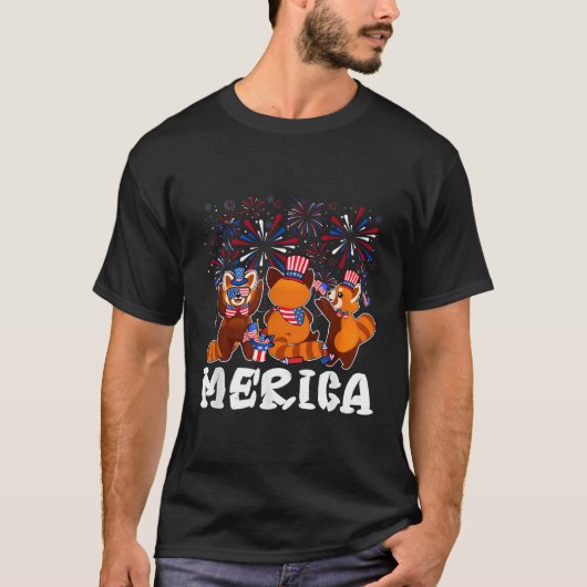 赤パンダ花火サングラスメリカ7月4日 Tシャツ (正面)