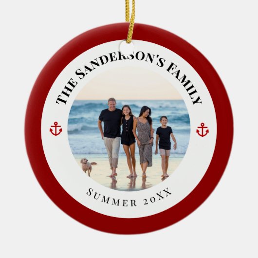 赤パーソナライズされたいいかりの黒い丸の写真 セラミックオーナメント (正面)