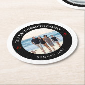 赤パーソナライズされたいいかりの黒い丸の写真 ラウンドペーパーコースター (アングル)