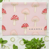 赤パーソナライズされたお洒落ピンクマッシュルームパターン キッチンタオル (折り畳み)