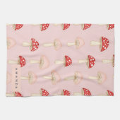 赤パーソナライズされたお洒落ピンクマッシュルームパターン キッチンタオル (横)