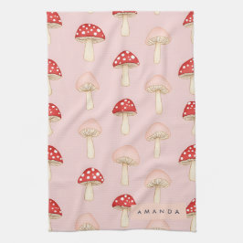赤パーソナライズされたお洒落ピンクマッシュルームパターン キッチンタオル