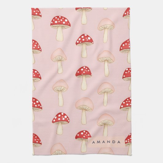 赤パーソナライズされたお洒落ピンクマッシュルームパターン キッチンタオル (縦)