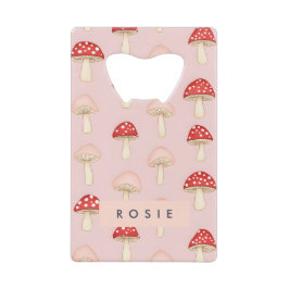 赤パーソナライズされたお洒落ピンクマッシュルームパターン クレジットカード栓抜き