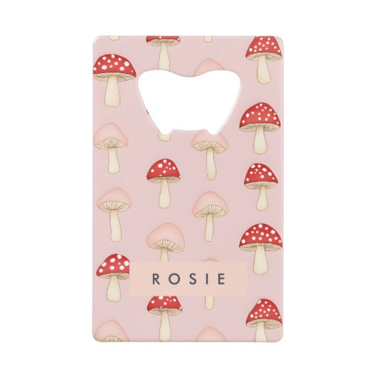 赤パーソナライズされたお洒落ピンクマッシュルームパターン クレジットカード栓抜き (正面)