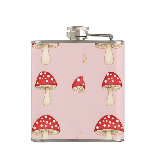 赤パーソナライズされたお洒落ピンクマッシュルームパターン フラスク (裏面)