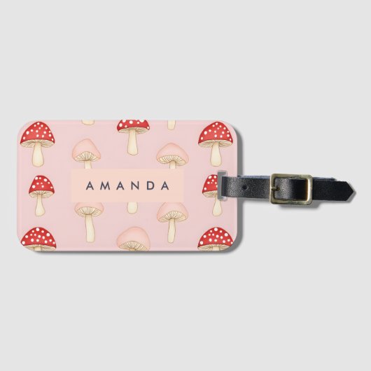 赤パーソナライズされたお洒落ピンクマッシュルームパターン ラゲッジタグ (正面横)