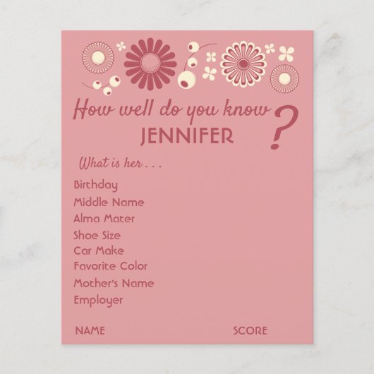 赤パーソナライズされたちゃんシャワーゲームシートピンクフローラ チラシ (正面)