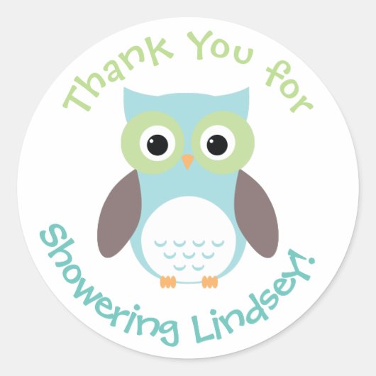 赤パーソナライズされたちゃんシャワーステッカー – フクロウテーマ ラウンドシール (正面)