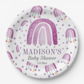 赤パーソナライズされたちゃんシャワーパープルレインボー ペーパープレート (正面)