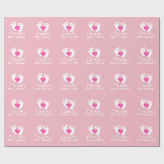 赤パーソナライズされたちゃんシャワーピンク足ハート ラッピングペーパー (フラット)