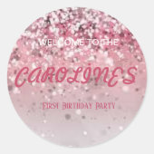 赤パーソナライズされたちゃんシャワーポップ・アートのガールピンク ラウンドシール (正面)