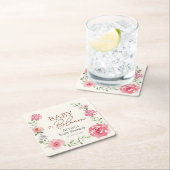 赤パーソナライズされたちゃんシャワー好意ベビー開花 スクエアペーパーコースター (インサイチュ)