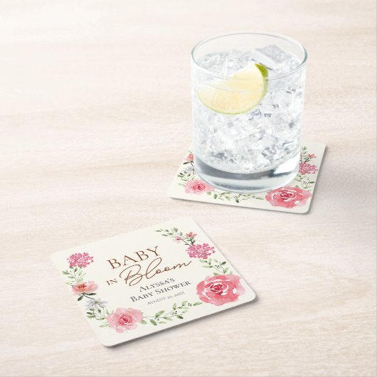赤パーソナライズされたちゃんシャワー好意ベビー開花 スクエアペーパーコースター (インサイチュ)