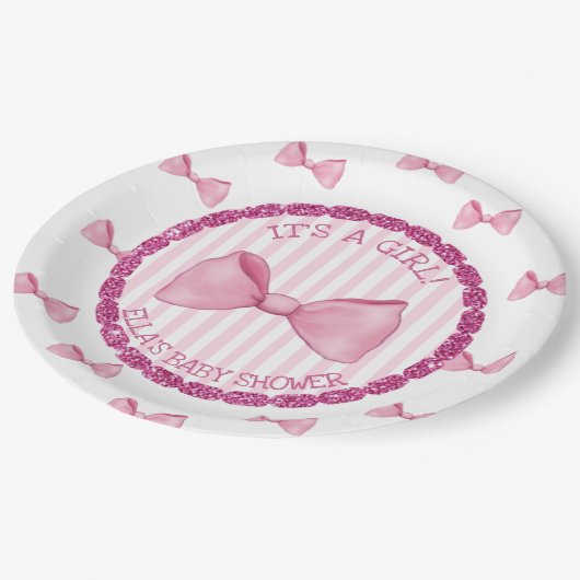 赤パーソナライズされたちゃんシャワー紙プレートピンク弓 ペーパープレート (アングル)