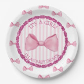 赤パーソナライズされたちゃんシャワー紙プレートピンク弓 ペーパープレート (正面)
