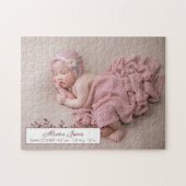 赤パーソナライズされたちゃん写真誕生のお知らせ ジグソーパズル (横)