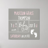 赤パーソナライズされたちゃん女の子の発表グレー、ピンク キャンバスプリント (正面)