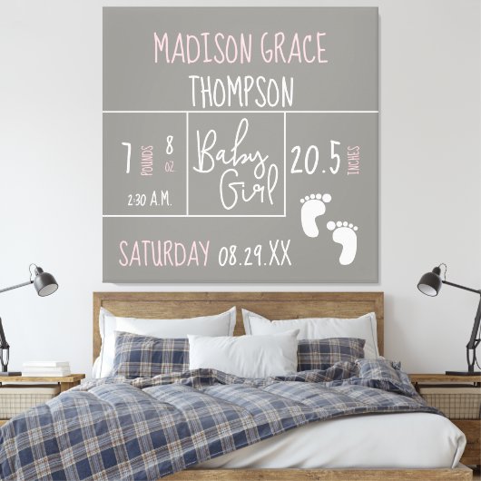 赤パーソナライズされたちゃん女の子の発表グレー、ピンク キャンバスプリント (インサイチュ (寝室))