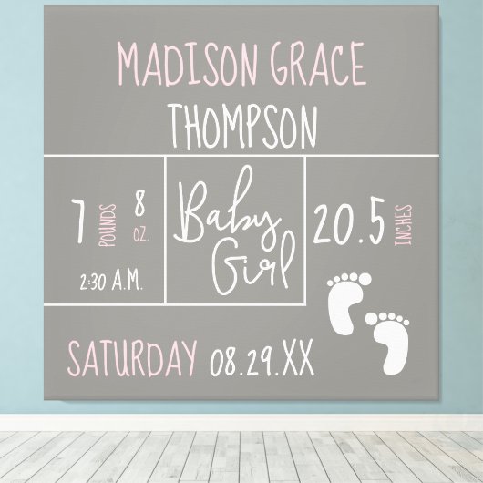 赤パーソナライズされたちゃん女の子の発表グレー、ピンク キャンバスプリント (インサイチュ (ウッドフロア))