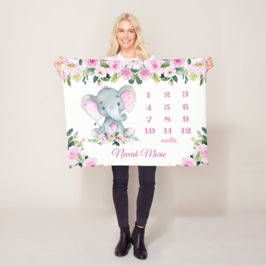 赤パーソナライズされたちゃん女の子エレファントマイルストーン名 フリースブランケット (インサイチュ)