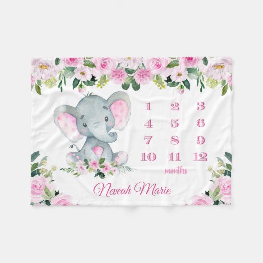 赤パーソナライズされたちゃん女の子エレファントマイルストーン名 フリースブランケット (正面(横))
