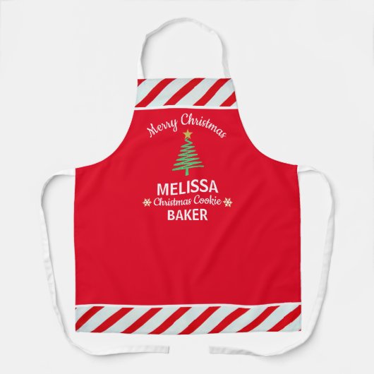 赤パーソナライズされたと白のキャンディーケーンクリスマス エプロン (正面)