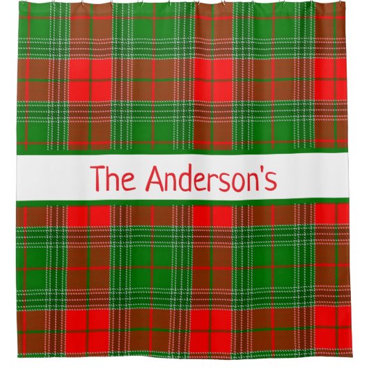 赤パーソナライズされたと緑のタータンチェック格子縞 シャワーカーテン (正面)