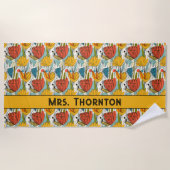 赤パーソナライズされたと金ゴールドの豊かな花柄 ビーチタオル (正面)