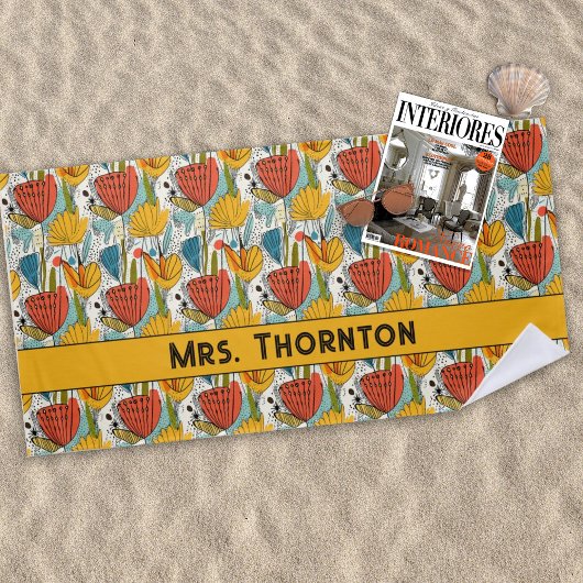 赤パーソナライズされたと金ゴールドの豊かな花柄 ビーチタオル