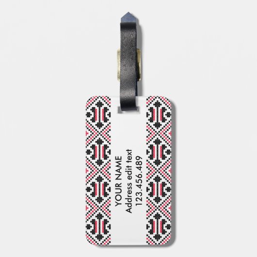 赤パーソナライズされたと黒のクロスステッチのパターン ラゲッジタグ (裏面縦)