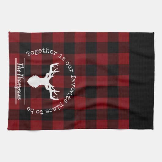 赤パーソナライズされたと黒のバッファローのプレイド キッチンタオル (横)