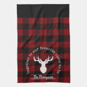 赤パーソナライズされたと黒のバッファローのプレイド キッチンタオル (縦)
