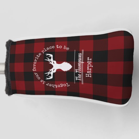 赤パーソナライズされたと黒のバッファローのプレイド ゴルフヘッドカバー (正面)