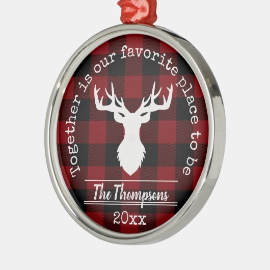 赤パーソナライズされたと黒のバッファローのプレイド メタルオーナメント (左)